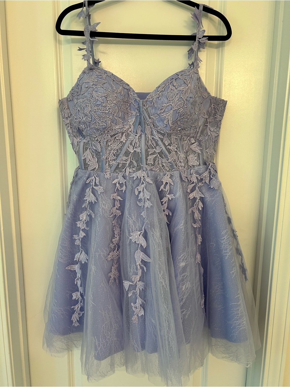 Purple Lace Corset Mini Dress Floral Appliqué Tulle Size 16